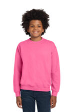 Gildan Youth Heavy Blend Crewneck Sweatshirt. 18000B Safety Pink
