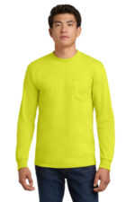 Gildan - Ultra Cotton 100% US Cotton Long Sleeve T-Shirt with Pocket. 2410 Safety Green