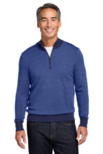Brooks Brothers Washable Merino Birdseye 1/4-Zip Sweater BB18412 Navy/ Compass Blue