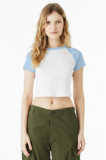 BELLA+CANVAS Women's Micro Rib Raglan Baby Tee BC1201 White/ Baby Blue