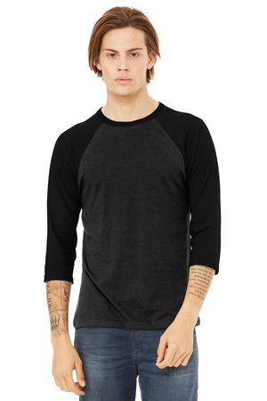 BELLA+CANVAS Unisex 3/4-Sleeve Baseball Tee. BC3200 Black Heather/ Black