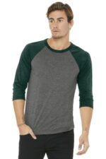 BELLA+CANVAS Unisex 3/4-Sleeve Baseball Tee. BC3200 Grey/ Emerald Triblend