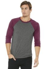 BELLA+CANVAS Unisex 3/4-Sleeve Baseball Tee. BC3200 Grey/ Maroon Triblend