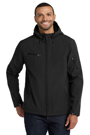 Port Authority Textured Hooded Soft Shell Jacket. J706 Black/ Engine Red