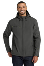Port Authority Textured Hooded Soft Shell Jacket. J706 Charcoal/ Lemon Yellow