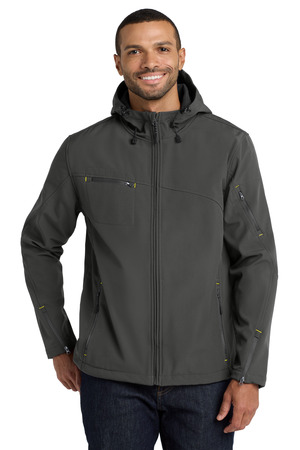 Port Authority Textured Hooded Soft Shell Jacket. J706 Charcoal/ Lemon Yellow