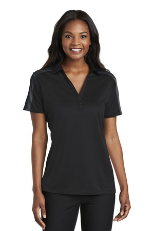 Port Authority Women's Silk Touch Performance Colorblock Stripe Polo. L547 Black/ Steel Grey