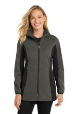 Port Authority Women's Active Hooded Soft Shell Jacket. L719 Grey Steel/ Deep Black