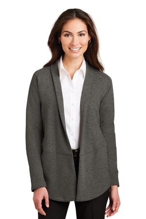 Port Authority Women's Interlock Cardigan. L807 Charcoal Heather/ Medium Heather Grey