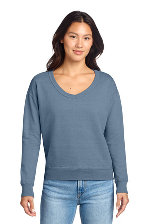 Port & Co Women's Beach Wash Garment-Dyed V-Neck Sweatshirt LPC098V Faded Denim