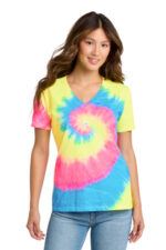Port & Co Women's Tie-Dye V-Neck Tee. LPC147V Neon Rainbow