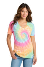 Port & Co Women's Tie-Dye V-Neck Tee. LPC147V Pastel Rainbow