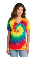 Port & Co Women's Tie-Dye V-Neck Tee. LPC147V Rainbow