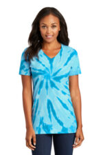Port & Co Women's Tie-Dye V-Neck Tee. LPC147V Turquoise