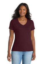 Port & Co Women's Performance Blend V-Neck Tee. LPC381V Athletic Maroon