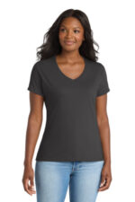 Port & Co Women's Performance Blend V-Neck Tee. LPC381V Charcoal