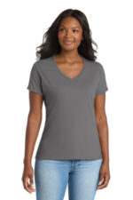 Port & Co Women's Performance Blend V-Neck Tee. LPC381V Medium Grey