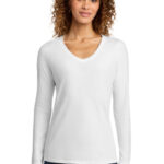 Port & Co Women's Long Sleeve Fan Favorite V-Neck Tee. LPC450VLS White