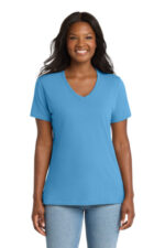 Port & Co Women's Core Cotton V-Neck Tee. LPC54V Aquatic Blue