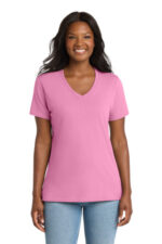 Port & Co Women's Core Cotton V-Neck Tee. LPC54V Candy Pink