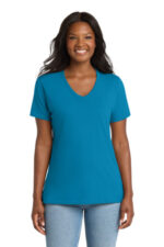 Port & Co Women's Core Cotton V-Neck Tee. LPC54V Neon Blue