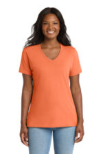 Port & Co Women's Core Cotton V-Neck Tee. LPC54V Neon Orange