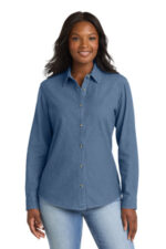 Port & Co Women's Long Sleeve Value Denim Shirt. LSP10 Faded Blue