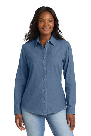 Port & Co Women's Long Sleeve Value Denim Shirt. LSP10 Faded Blue