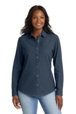 Port & Co Women's Long Sleeve Value Denim Shirt. LSP10 Ink Blue