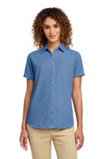 Port & Co Women's Short Sleeve Value Denim Shirt. LSP11 Faded Blue