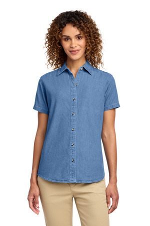 Port & Co Women's Short Sleeve Value Denim Shirt. LSP11 Faded Blue