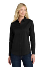 Port Authority Women's Long Sleeve SuperPro React Twill Shirt. LW808 Deep Black