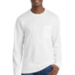 Port & Co Tall Long Sleeve Essential Pocket Tee. PC61LSPT White