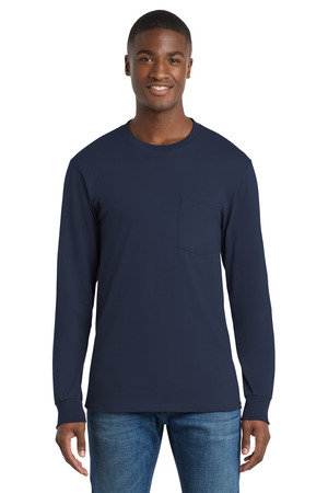 Port & Co Long Sleeve Essential Pocket Tee. PC61LSP Navy