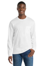 Port & Co Long Sleeve Essential Pocket Tee. PC61LSP White