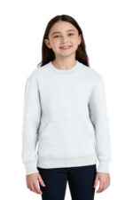 Port & Co Youth Core Fleece Crewneck Pocket Sweatshirt PC78YPKT White