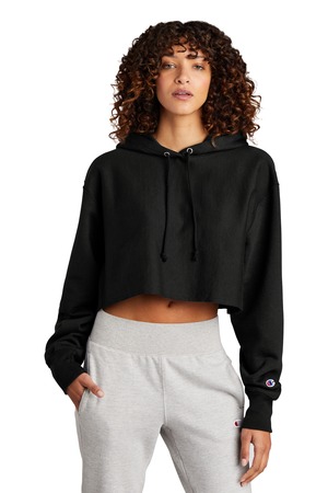 Champion Women's Reverse Weave Cropped Cut-Off Hooded Sweatshirt RW01W Black