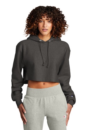 Champion Women's Reverse Weave Cropped Cut-Off Hooded Sweatshirt RW01W Charcoal Heather