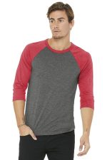BELLA+CANVAS Unisex 3/4-Sleeve Baseball Tee. BC3200 Grey/ Red Triblend