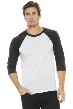 BELLA+CANVAS Unisex 3/4-Sleeve Baseball Tee. BC3200 White Fleck/ Charcoal-Black Triblend