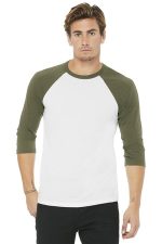BELLA+CANVAS Unisex 3/4-Sleeve Baseball Tee. BC3200 White/ Heather Olive