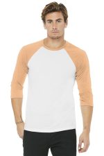 BELLA+CANVAS Unisex 3/4-Sleeve Baseball Tee. BC3200 White/ Heather Peach