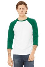 BELLA+CANVAS Unisex 3/4-Sleeve Baseball Tee. BC3200 White/ Kelly