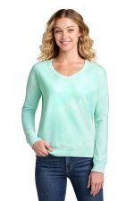 Port & Co Women's Beach Wash Cloud Tie-Dye V-Neck Sweatshirt LPC140V Cool Mint