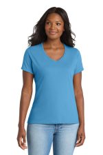 Port & Co Women's Performance Blend V-Neck Tee. LPC381V Aquatic Blue