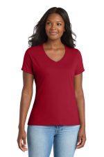 Port & Co Women's Performance Blend V-Neck Tee. LPC381V Red