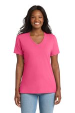 Port & Co Women's Core Cotton V-Neck Tee. LPC54V Neon Pink