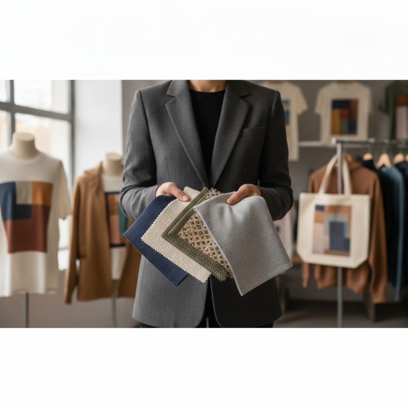 Person holds various — fabric selection custom apparel sustainable